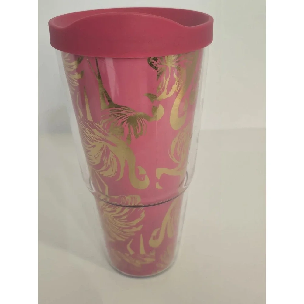Lilly Pulitzer Jungle Tumble Pink Gold 24oz Insulated Plastic Tumbler Cup‎ NEW